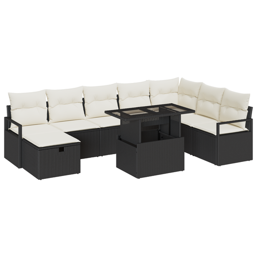 Set di divani da giardino a 9 pezzi con cuscini Nero Polyrattan