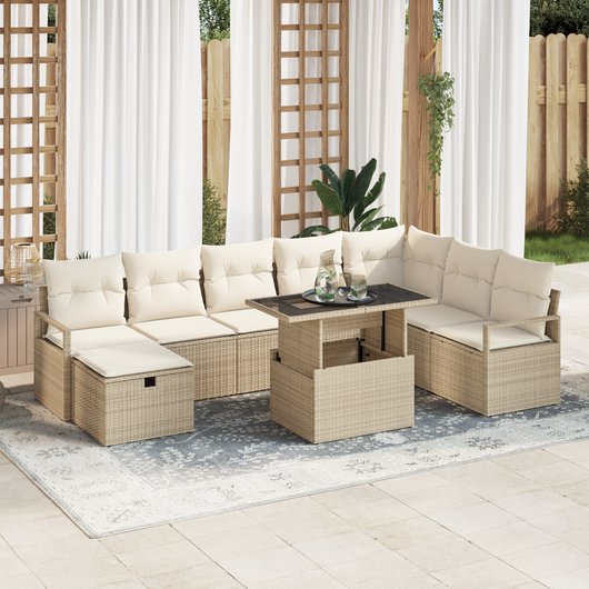 Set Divano da Giardino 9 Pezzi con Cuscini Beige in Rattan Polietilene