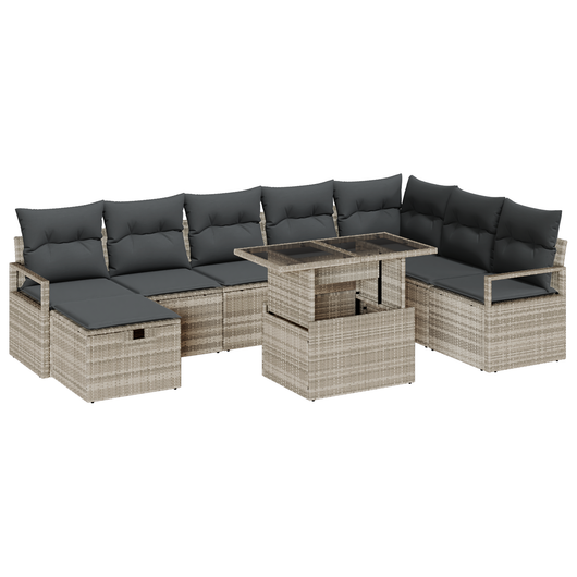 Set Divano Giardino a 9 Pezzi con Cuscini Grigio Chiaro Polyrattan
