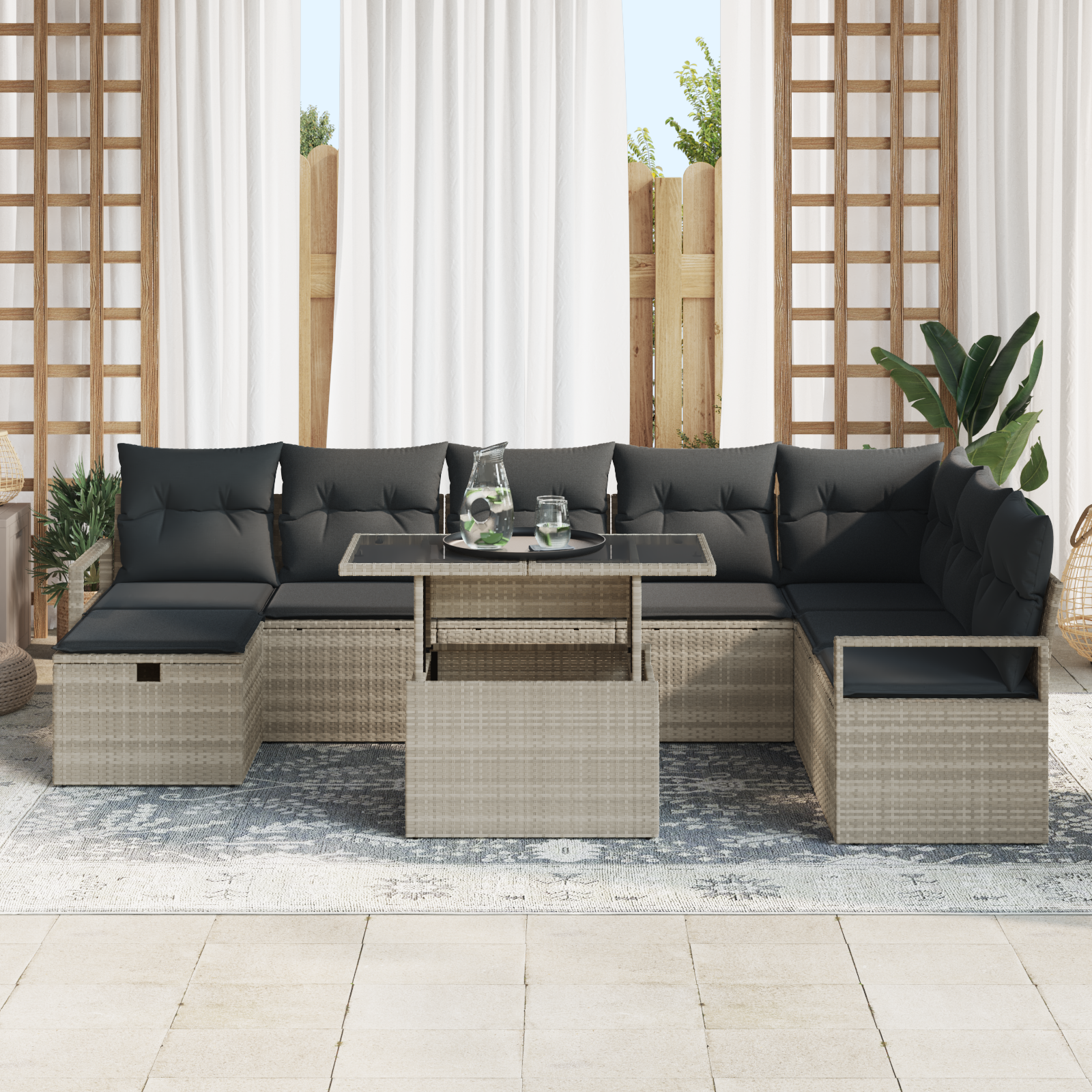 Set Divano Giardino a 9 Pezzi con Cuscini Grigio Chiaro Polyrattan