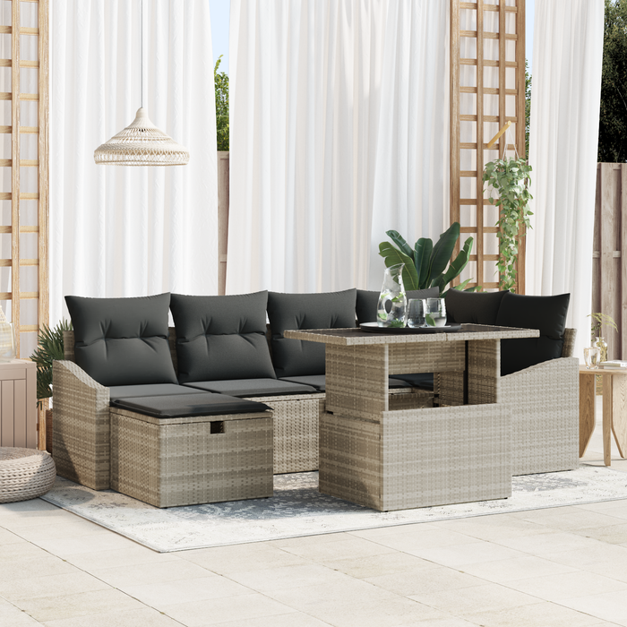 Set di Divano da Giardino a 7 Pezzi con Cuscini Grigio Chiaro in Polyrattan