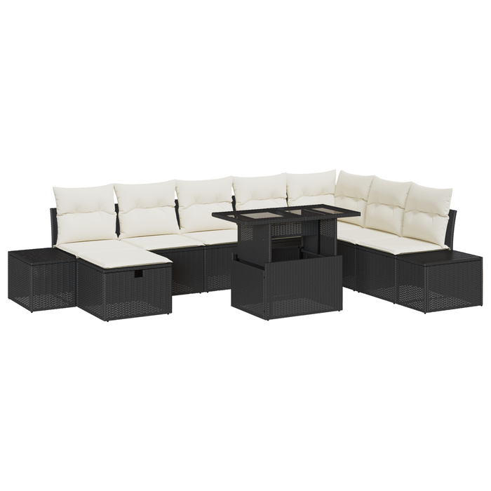 Set Divano da Giardino 9 Pezzi con Cuscini Nero Polyrattan
