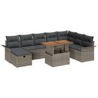 Set Divano Giardino 9 Pezzi con Cuscini Grigio Poly Rattan