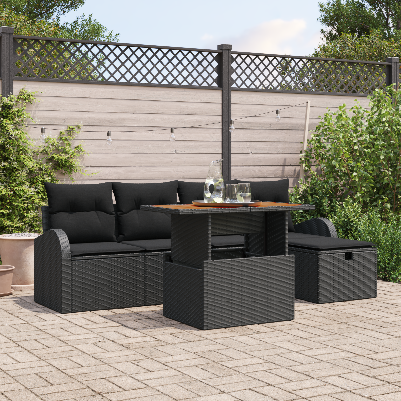 Set Divano da Giardino 6 Pezzi con Cuscini Nero Rattan Sintetico