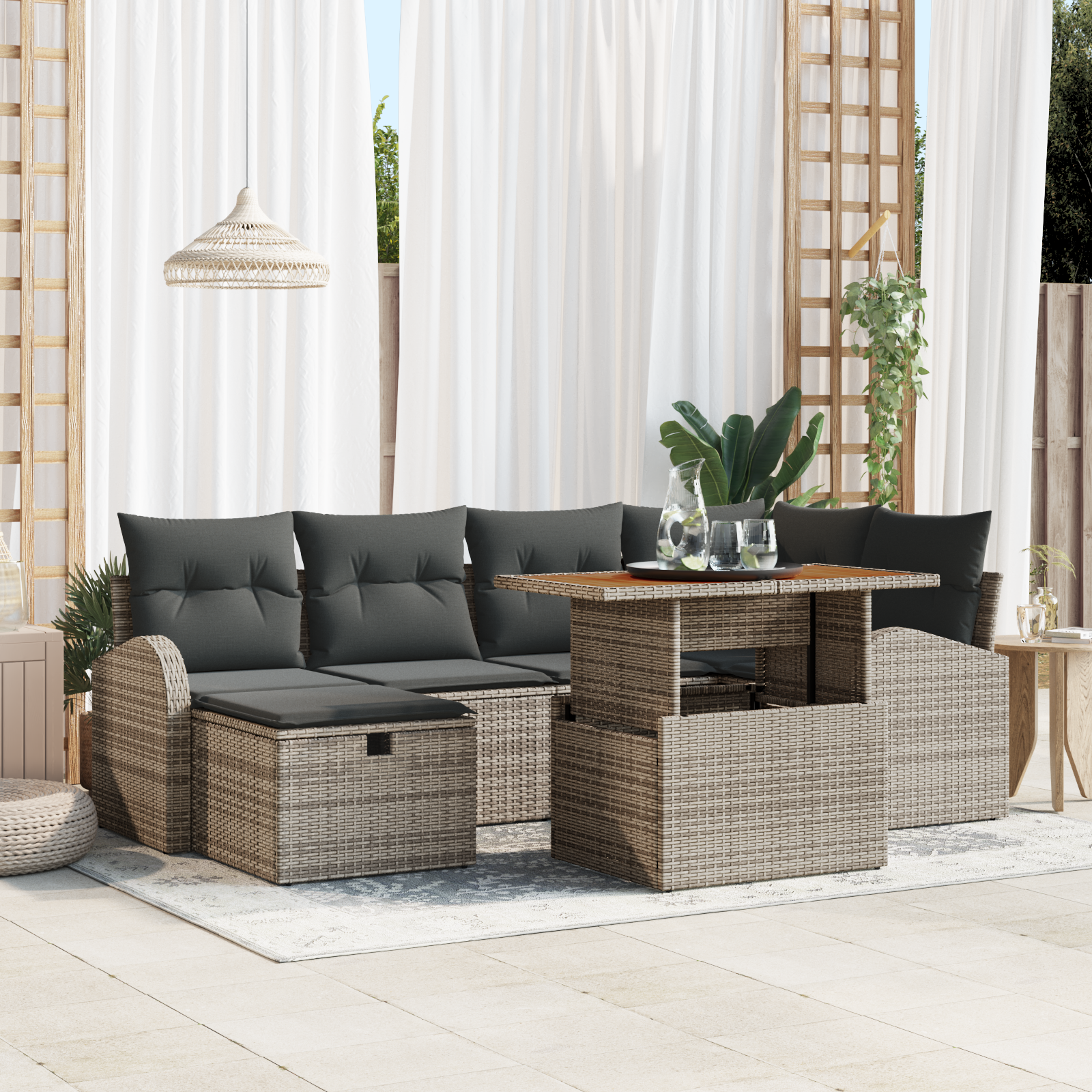 Set di divani da giardino 7 pezzi con cuscini Grigio in Rattan Polimerico