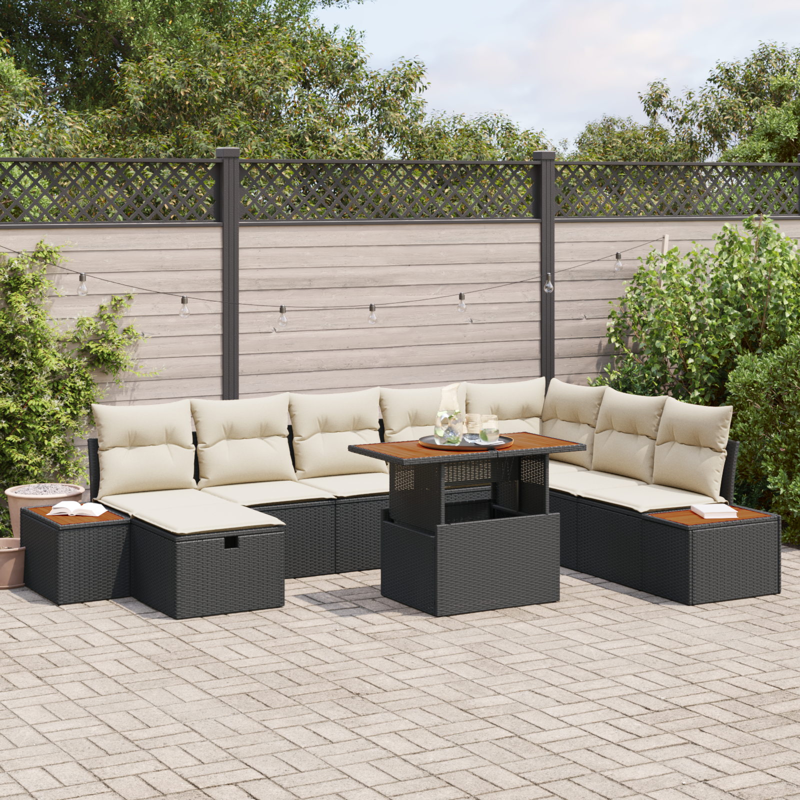 Set di Divani da Giardino da 9 Pezzi con Cuscini Rattan Nero