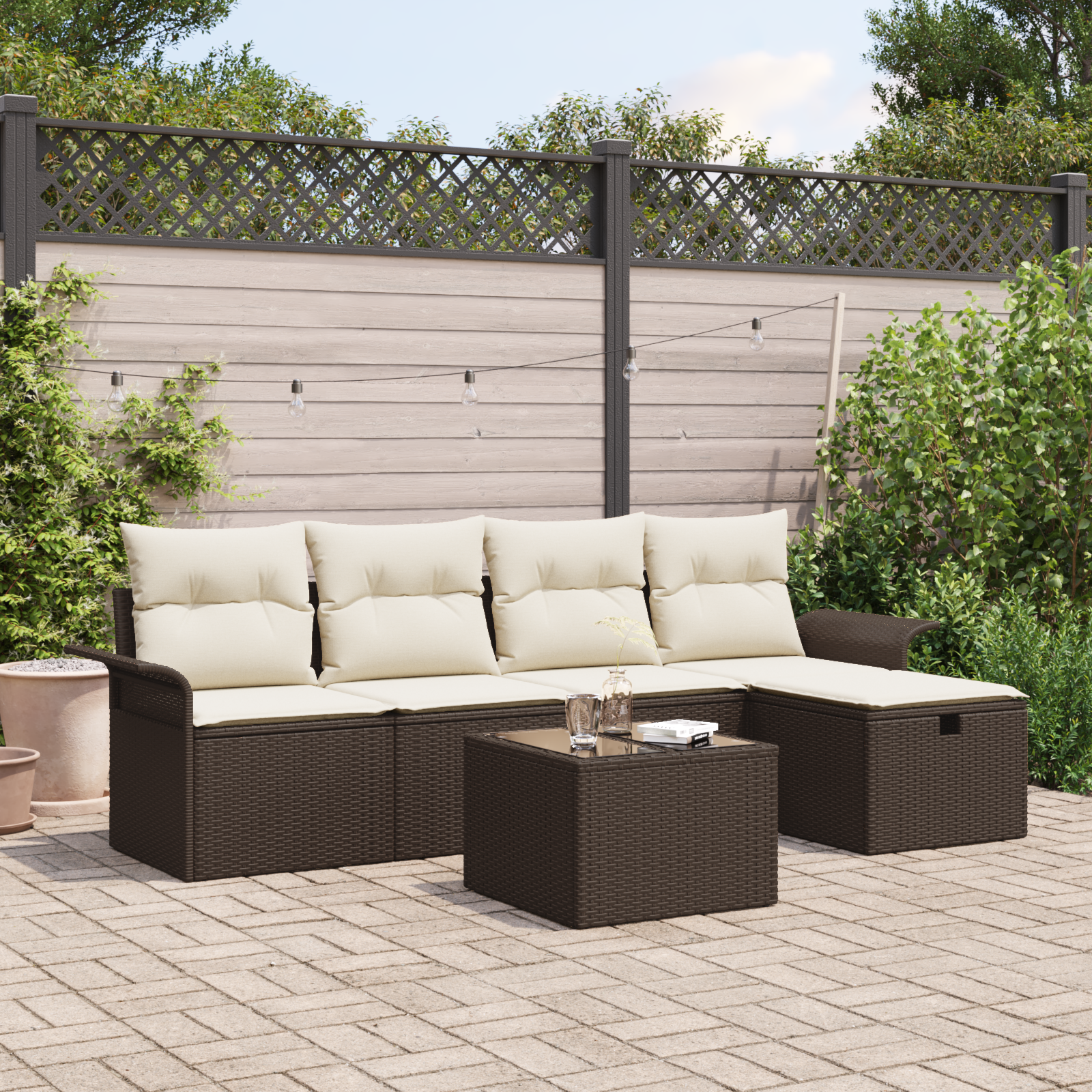 Set di Sofà da Giardino 6 Pezzi con Cuscini Marrone Polyrattan
