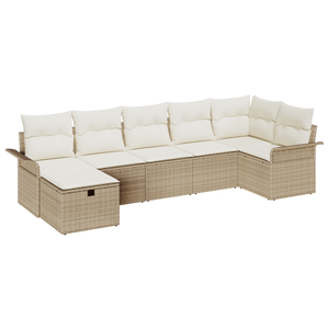 Set Divano da Giardino da 7 Pezzi con Cuscini Beige in Rattan Sintetico