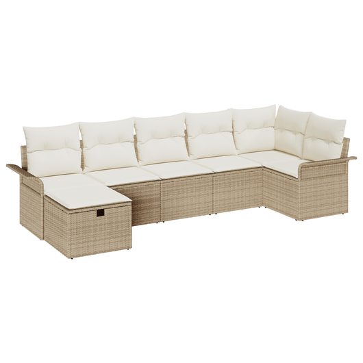 Set Divano da Giardino da 7 Pezzi con Cuscini Beige in Rattan Sintetico