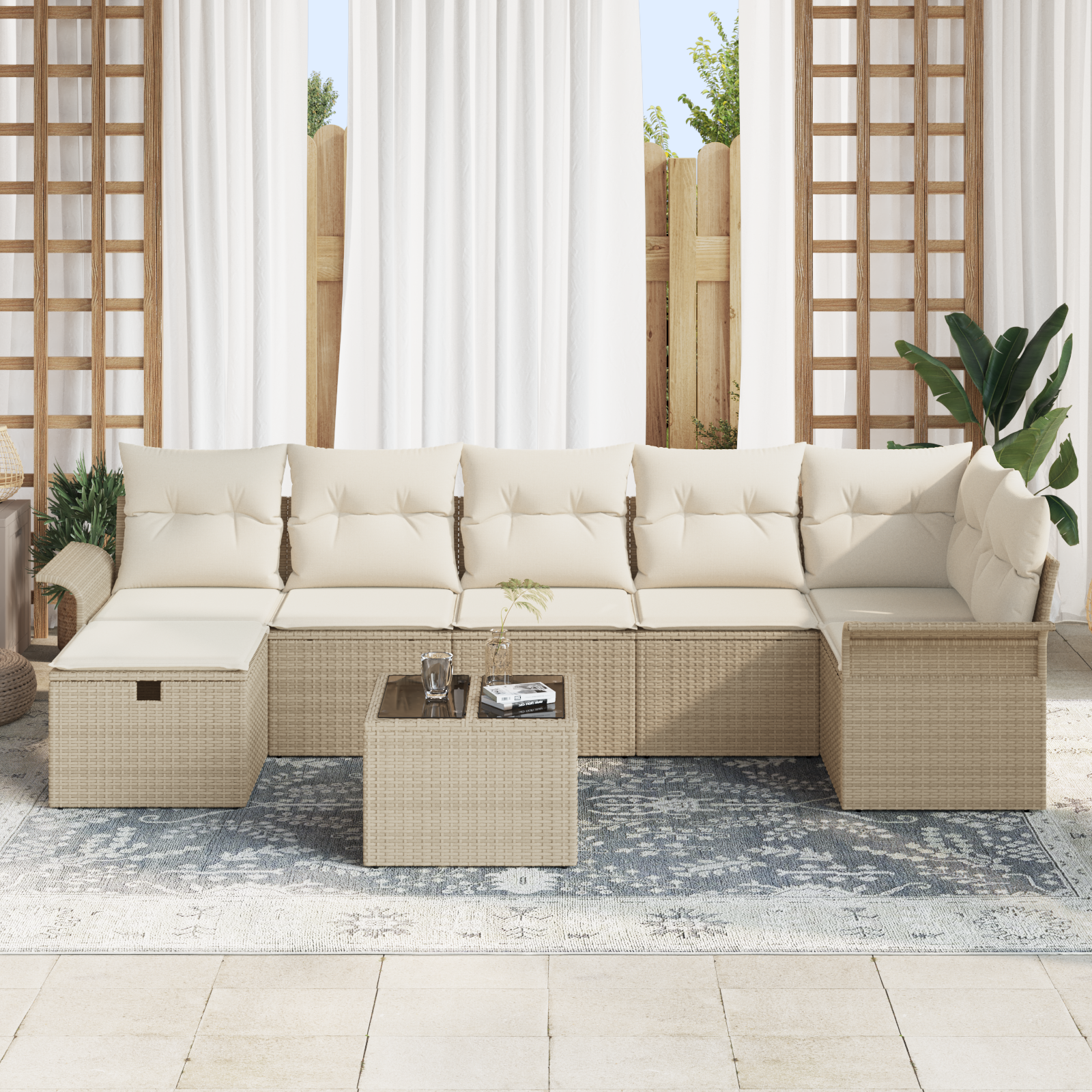Set Divano Giardino 8 Pezzi con Cuscini Beige Poly Rattan