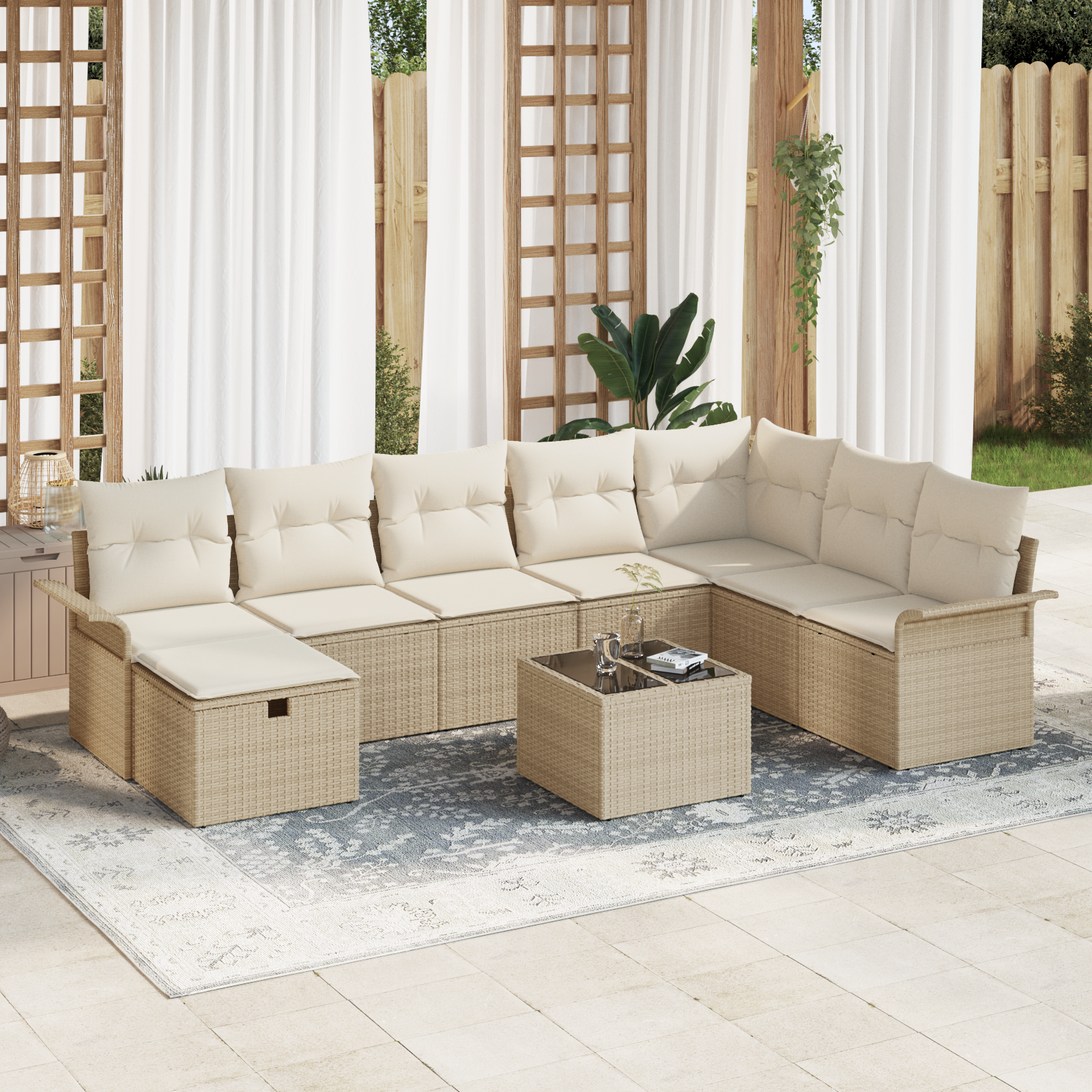 Set Divano Giardino 9 Pezzi con Cuscini Rattan Polirattan Beige