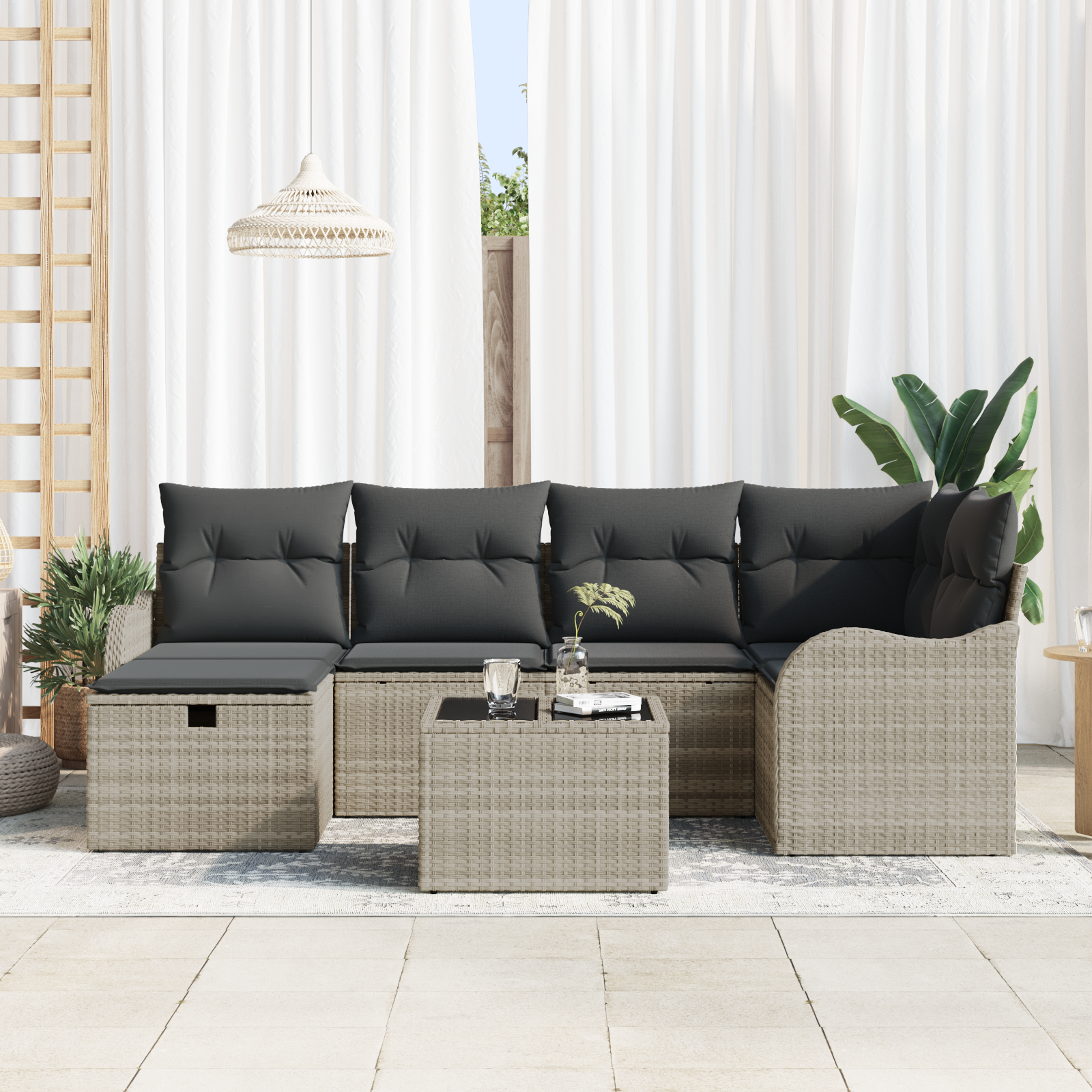 Set Divano da Giardino 7 Pezzi con Cuscini Grigio Chiaro Polyrattan