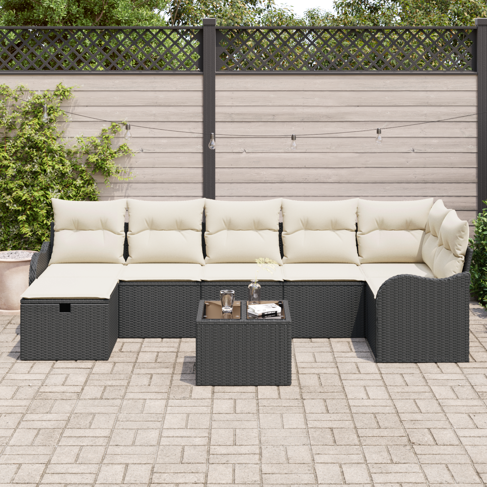 Set Divano da Giardino di 8 Pezzi con Cuscini Nero Polyrattan