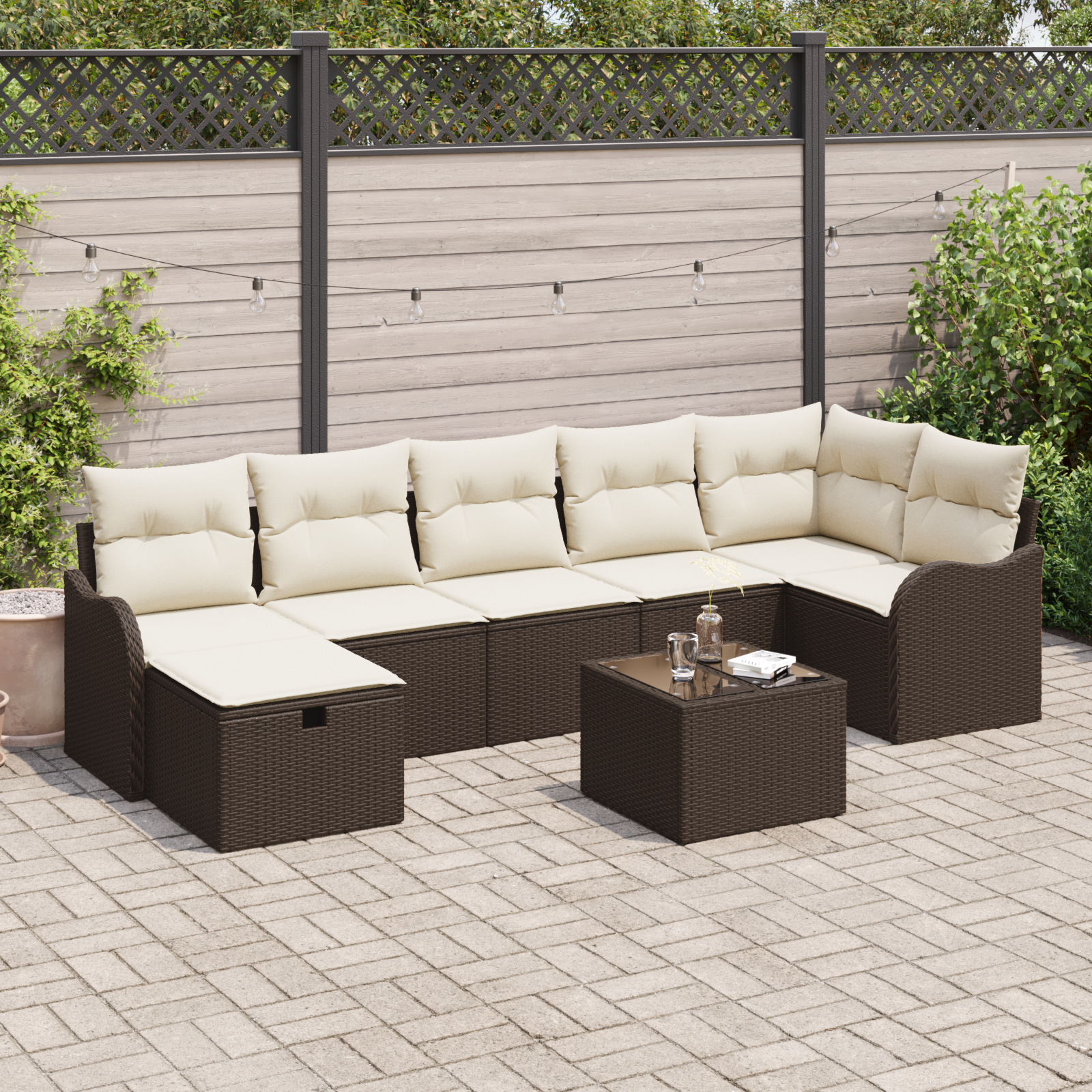 Set divano da giardino 8 pezzi con cuscini Marrone in polyrattan