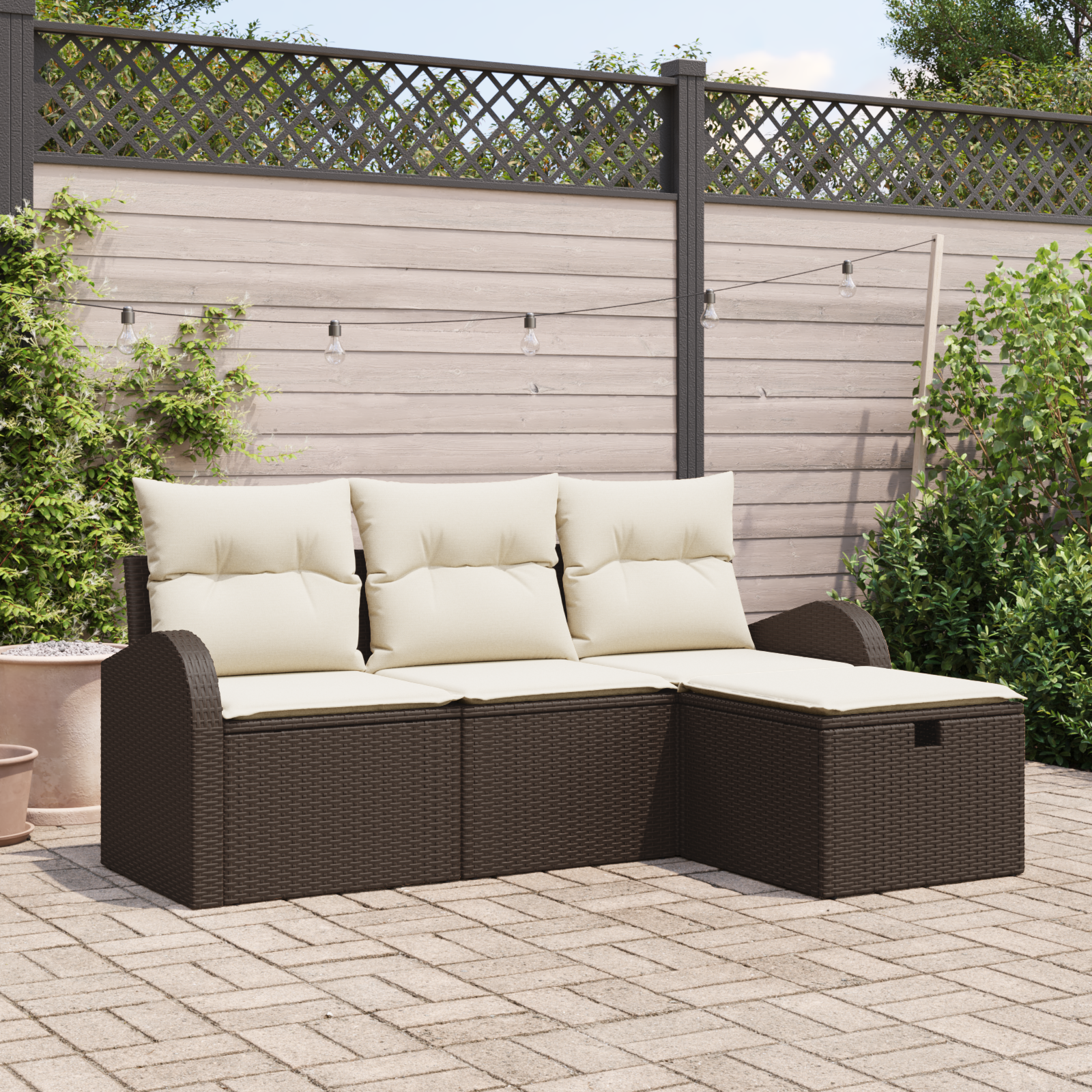 Set di Divani da Giardino 4 Pezzi con Cuscini Marrone Rattan Poli