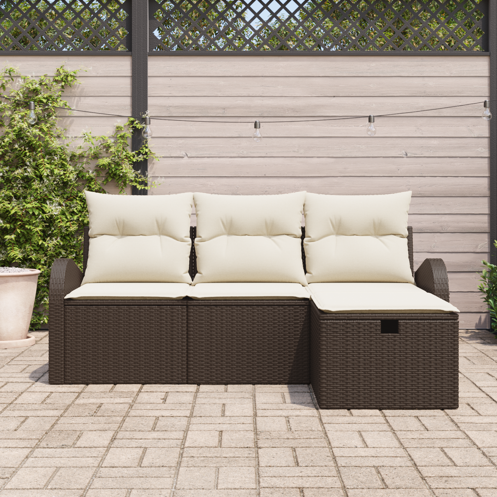 Set di Divani da Giardino 4 Pezzi con Cuscini Marrone Rattan Poli