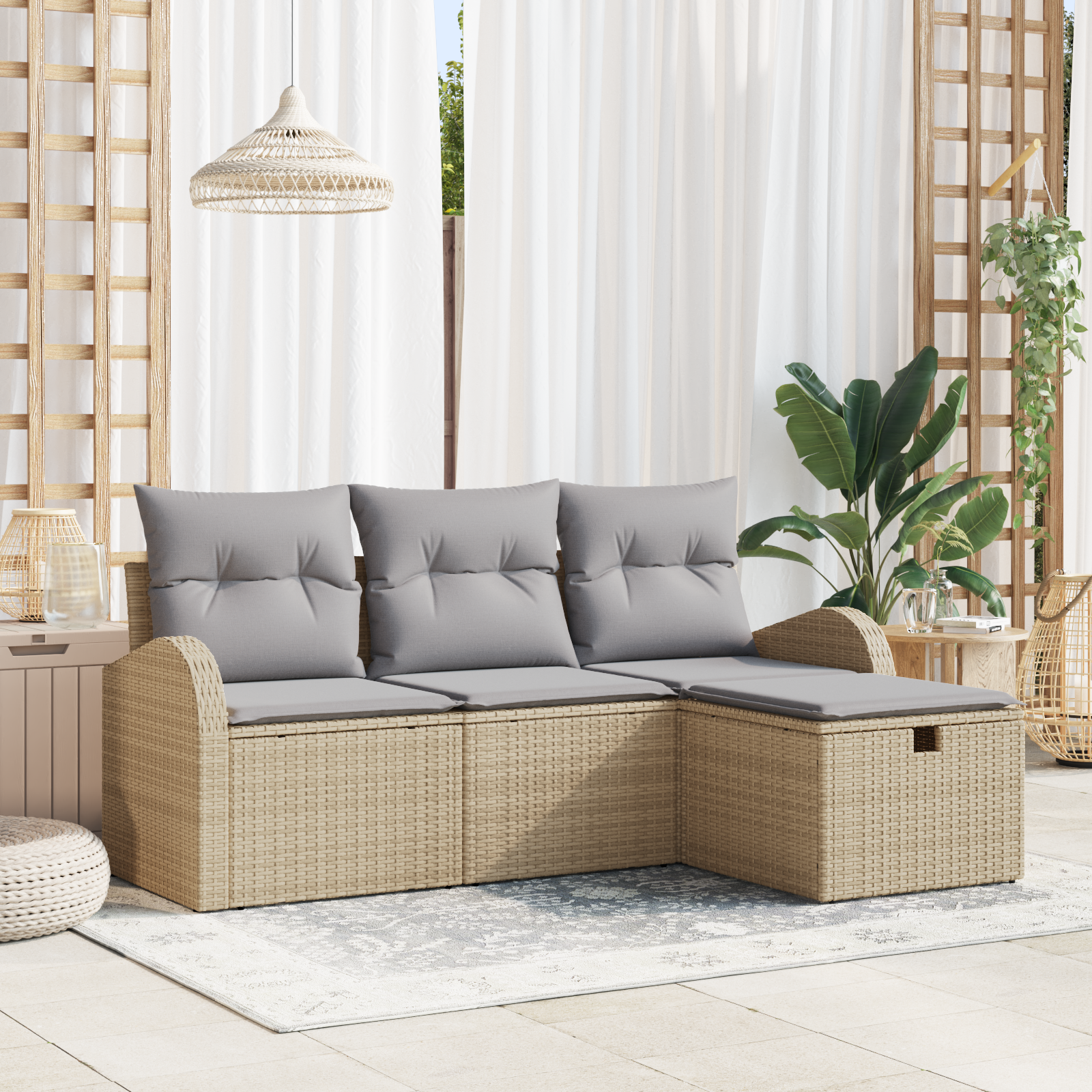 Set di 4 Pezzi Divano Giardino con Cuscini Beige Poly Rattan