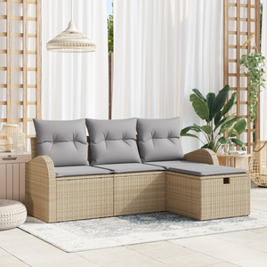 Set di 4 Pezzi Divano Giardino con Cuscini Beige Poly Rattan