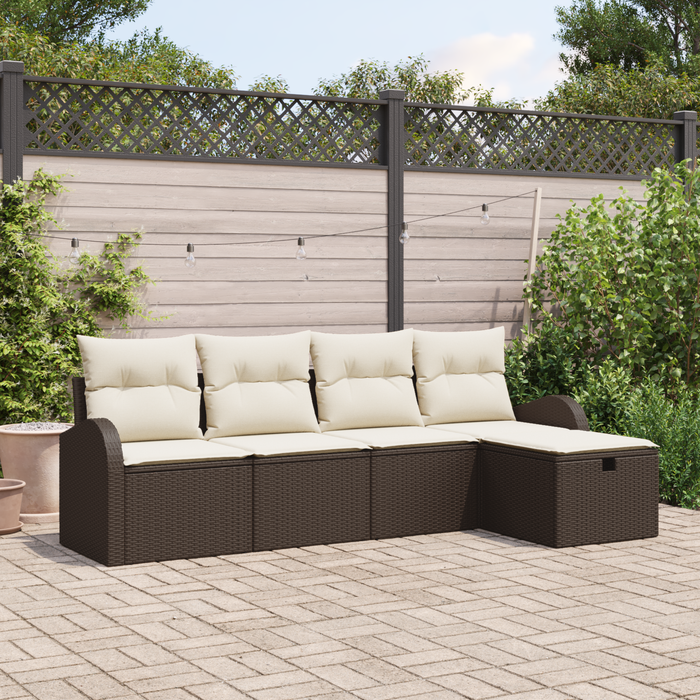 Set di Divani da Giardino  5 pezzi con Cuscini Marrone Rattan Polimerico