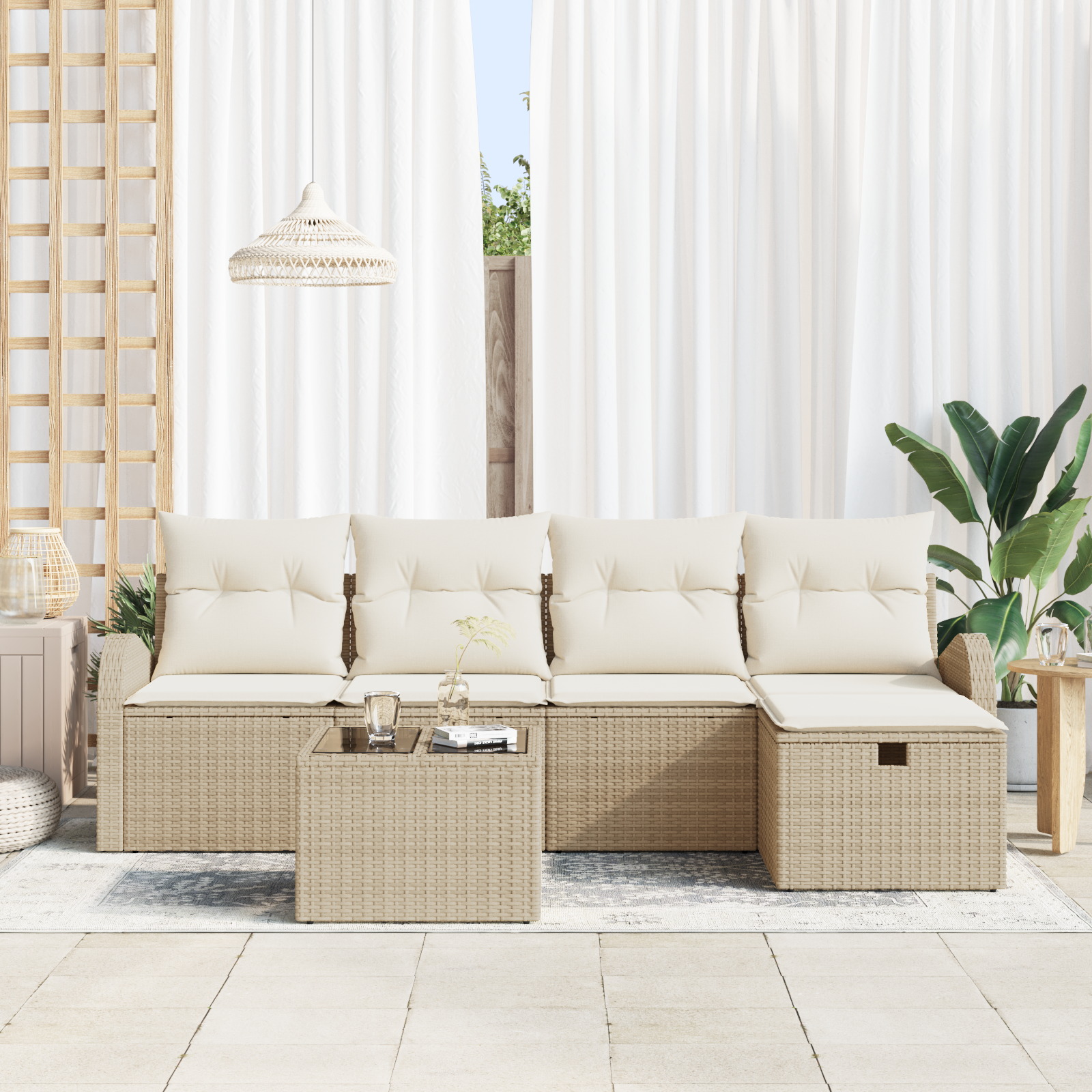 Set di Sofà da Giardino 6 Pezzi con Cuscini Beige Rattan Polietilene