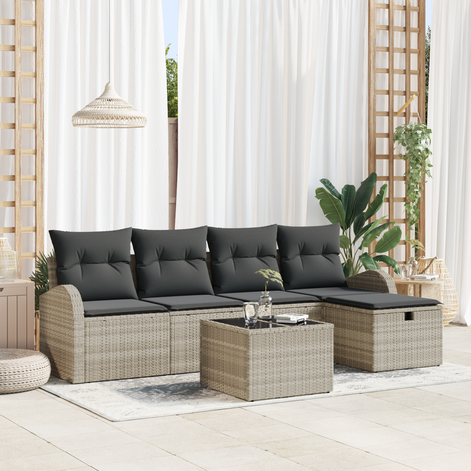 Set divano da giardino 6 pezzi con cuscini grigio chiaro polyrattan