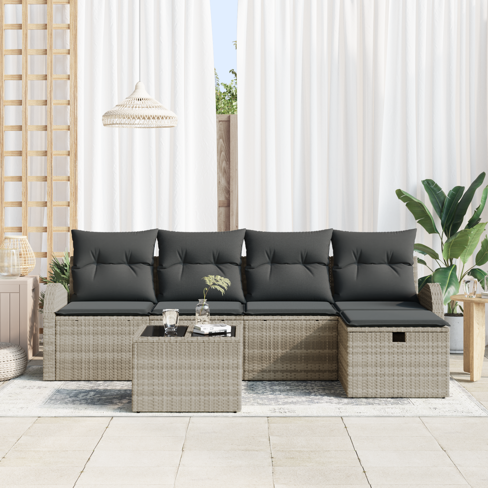Set divano da giardino 6 pezzi con cuscini grigio chiaro polyrattan