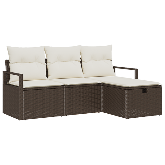 Set Divano da Giardino a 4 Pezzi con Cuscini Marrone Polyrattan