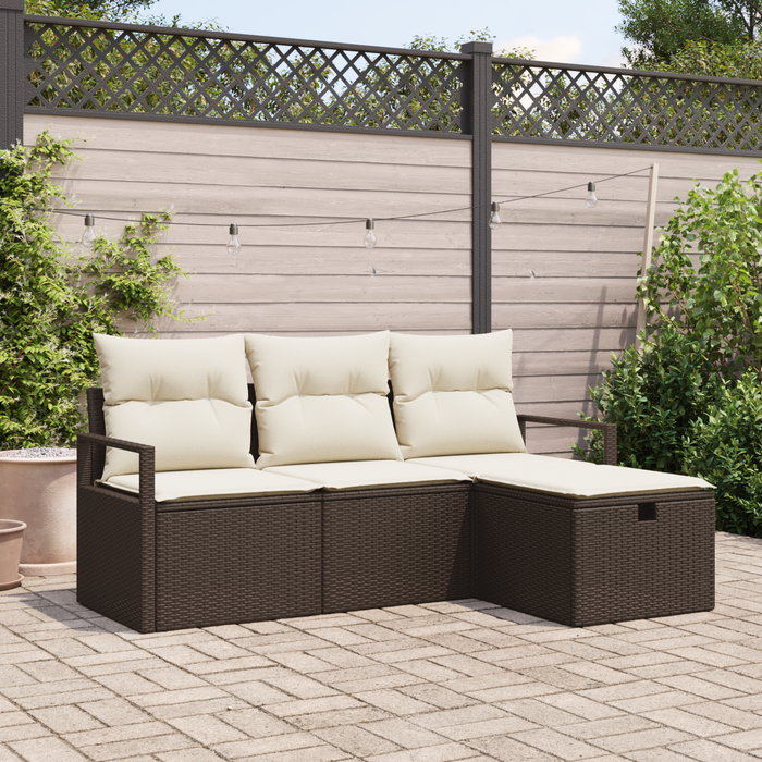 Set Divano da Giardino a 4 Pezzi con Cuscini Marrone Polyrattan