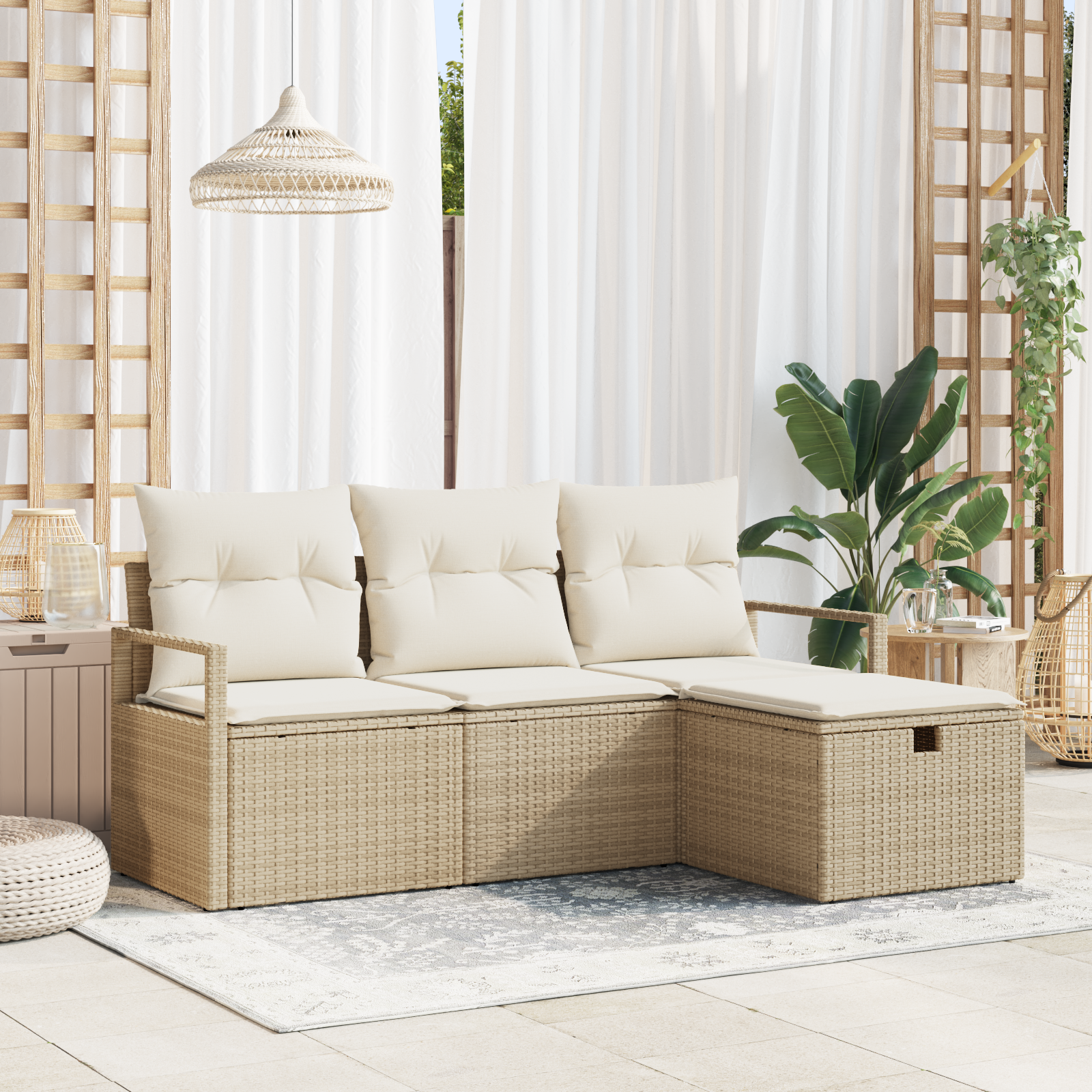 Set Divano da Giardino 4 Pezzi con Cuscini Beige Polirattan
