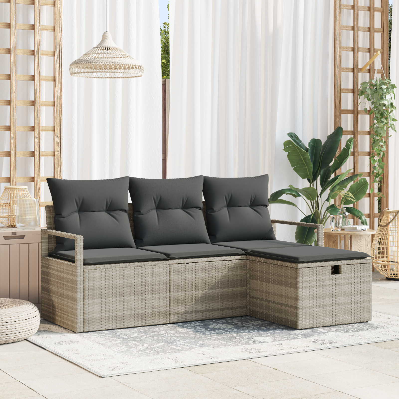 Set di divani da giardino con cuscini  4 pezzi Grigio chiaro in rattan polimerico