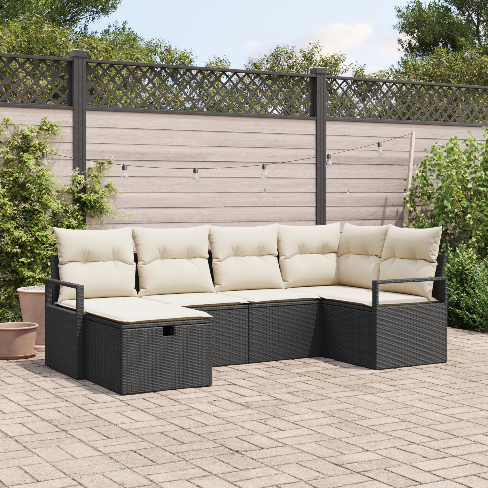 Set di divani da giardino  6 pezzi con cuscini Nero Polyrattan