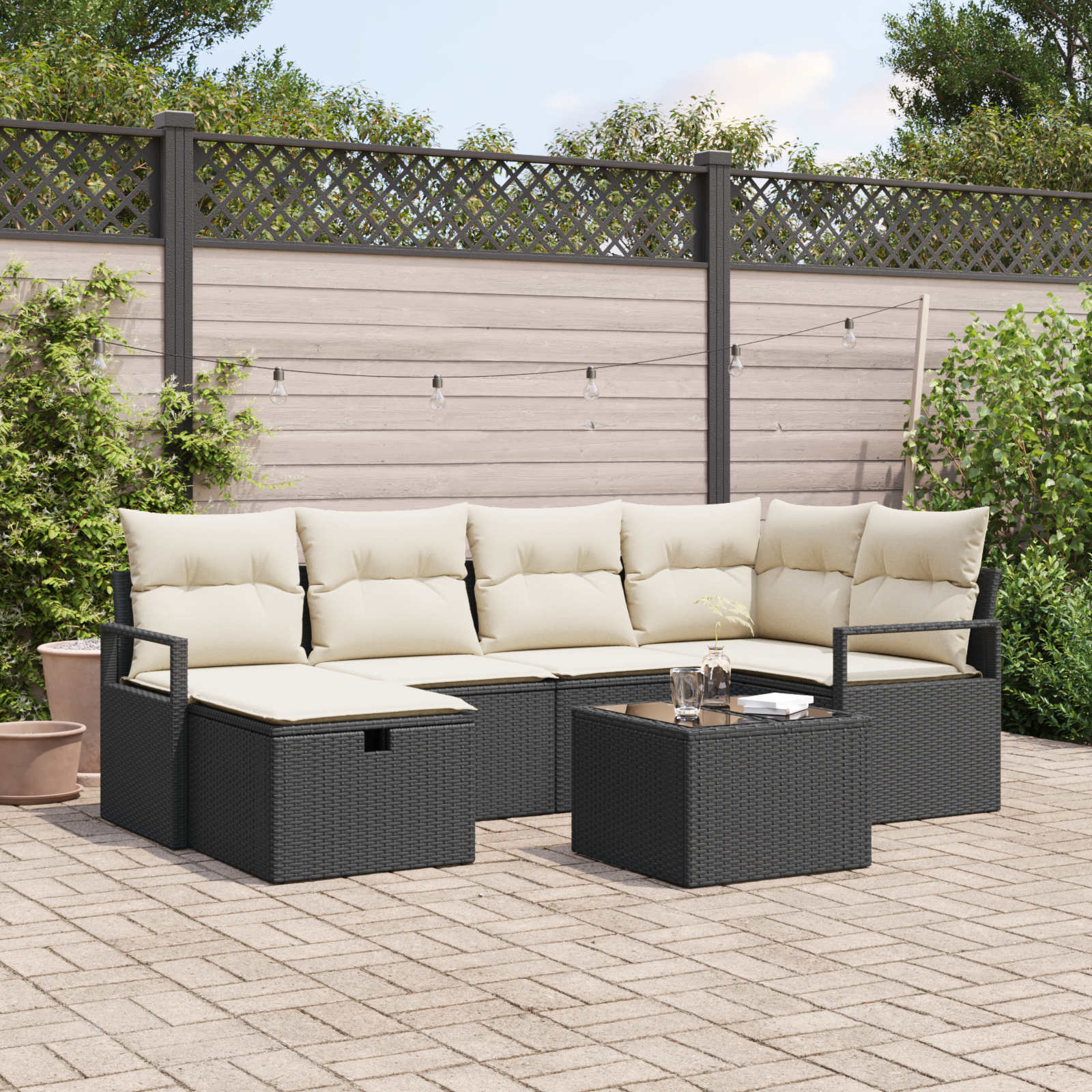 Set Divano da Giardino di 7 Pezzi con Cuscini Rattan Nero Polyrattan