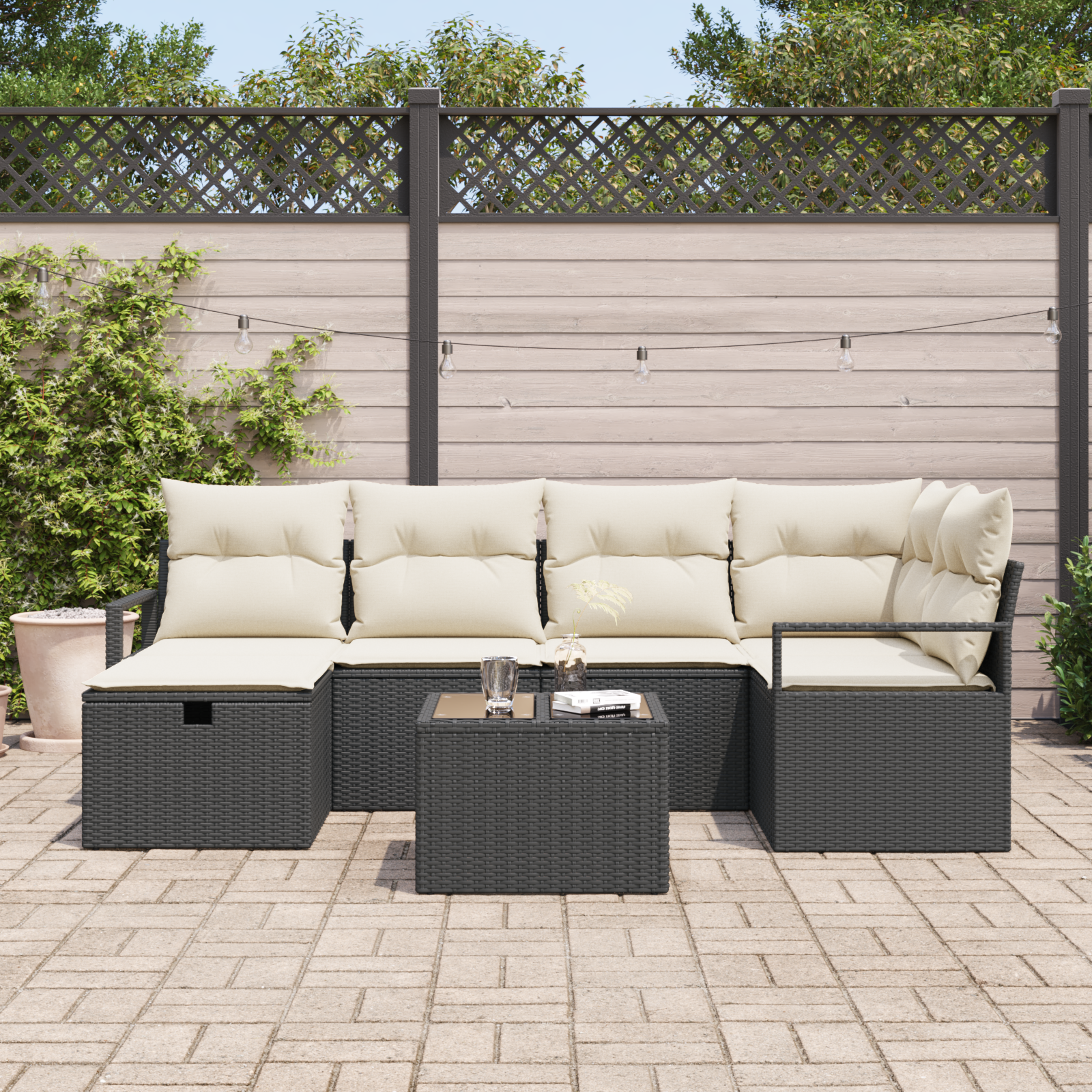 Set Divano da Giardino di 7 Pezzi con Cuscini Rattan Nero Polyrattan