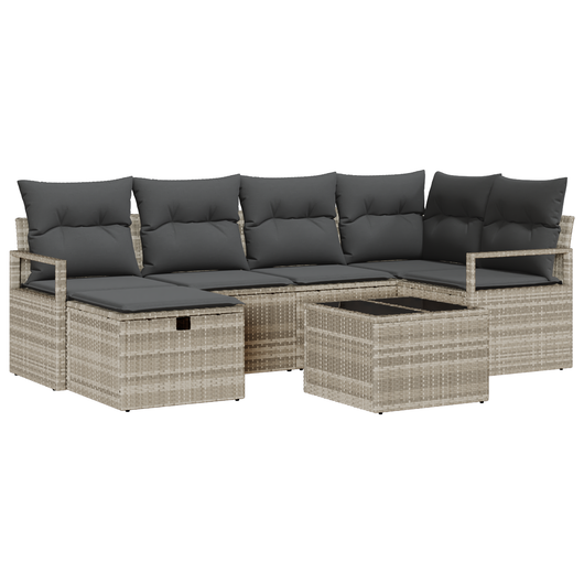 Set di divani da giardino a 7 pezzi con cuscini Grigio chiaro Polyrattan