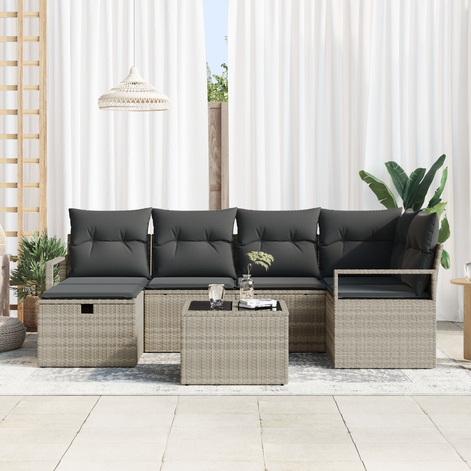 Set di divani da giardino a 7 pezzi con cuscini Grigio chiaro Polyrattan
