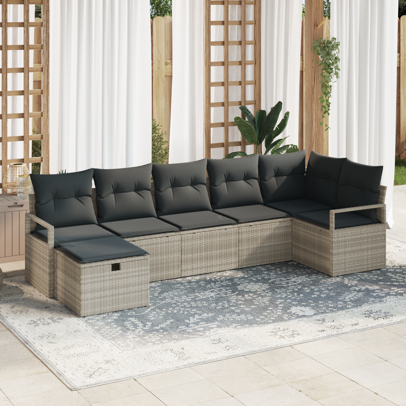 Set di Divano da Giardino  7 Pezzi con Cuscini Grigio Chiaro Polyrattan