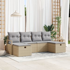 Set Divano da Giardino 6 Pezzi con Cuscini Beige Rattan Poliestere