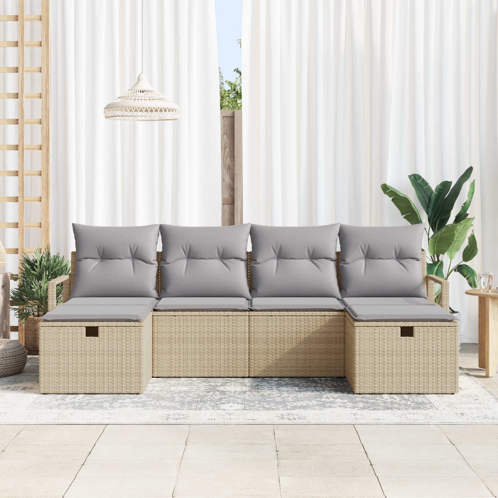 Set Divano da Giardino 6 Pezzi con Cuscini Beige Rattan Poliestere