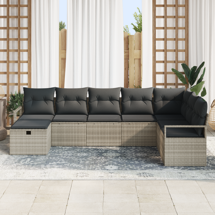 Set di Divani da Giardino  8 Pezzi con Cuscini Grigio Chiaro Polyrattan