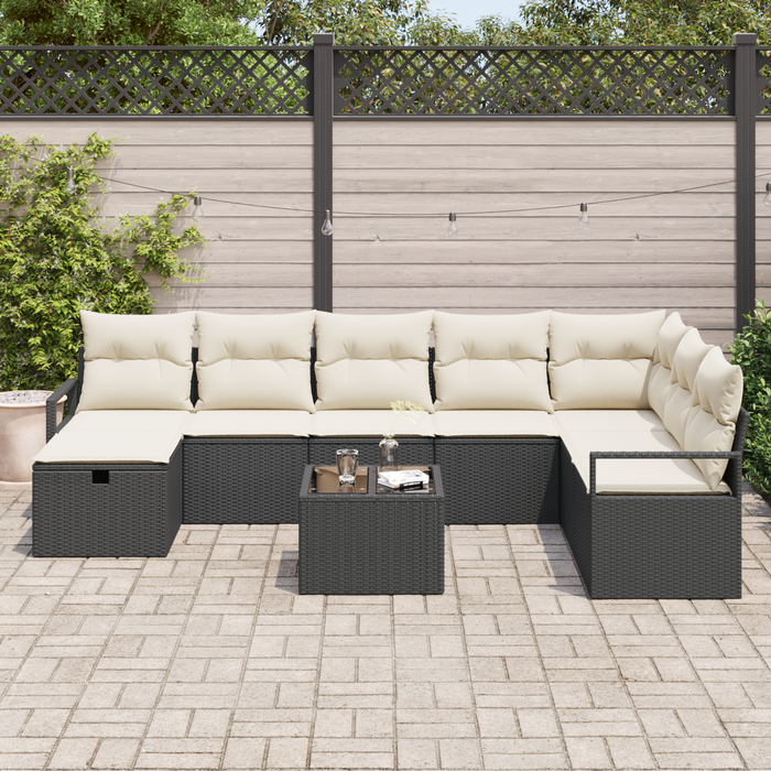 Set Divano da Giardino 9 Pezzi con Cuscini Rattan Nero