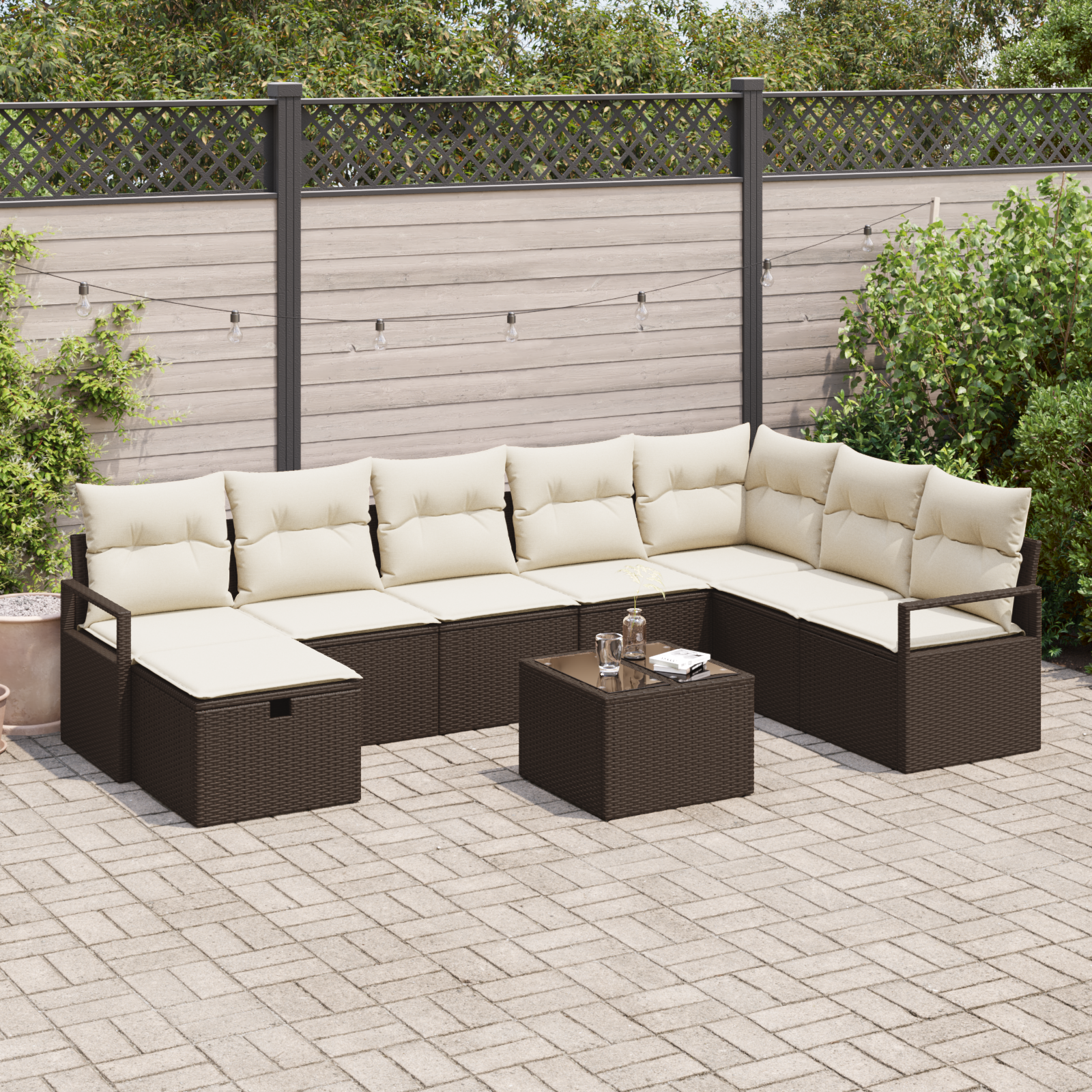 Set Divano da Giardino  9 Pezzi con Cuscini Marrone Rattan
