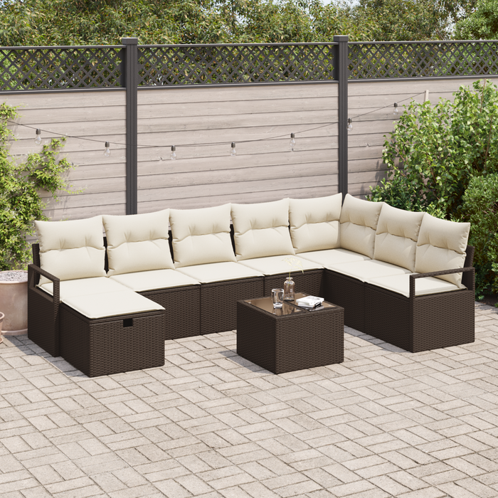 Set Divano da Giardino  9 Pezzi con Cuscini Marrone Rattan