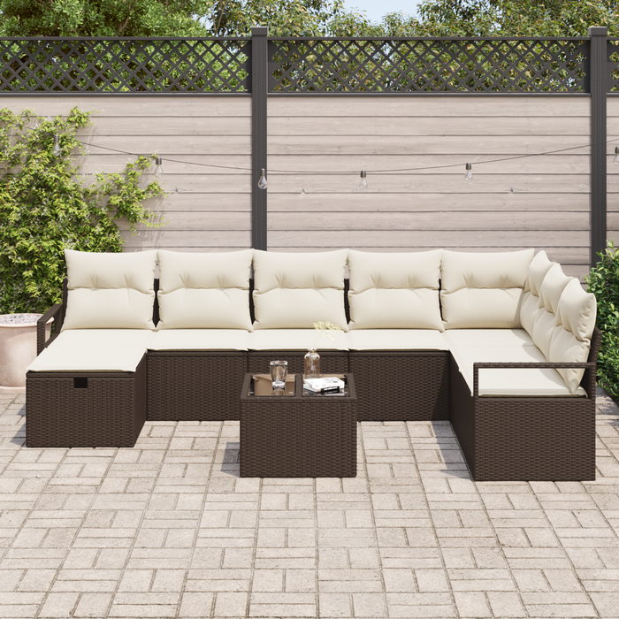 Set Divano da Giardino  9 Pezzi con Cuscini Marrone Rattan