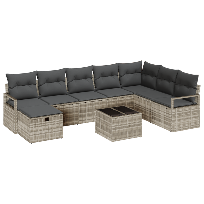 Set Divano da Giardino da 9 Pezzi con Cuscini Grigio Chiaro Polyrattan