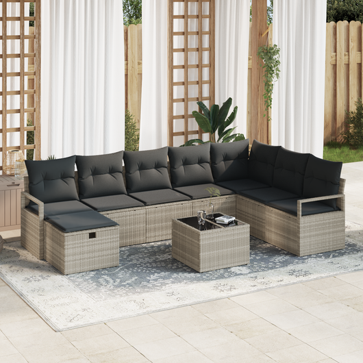 Set Divano da Giardino da 9 Pezzi con Cuscini Grigio Chiaro Polyrattan