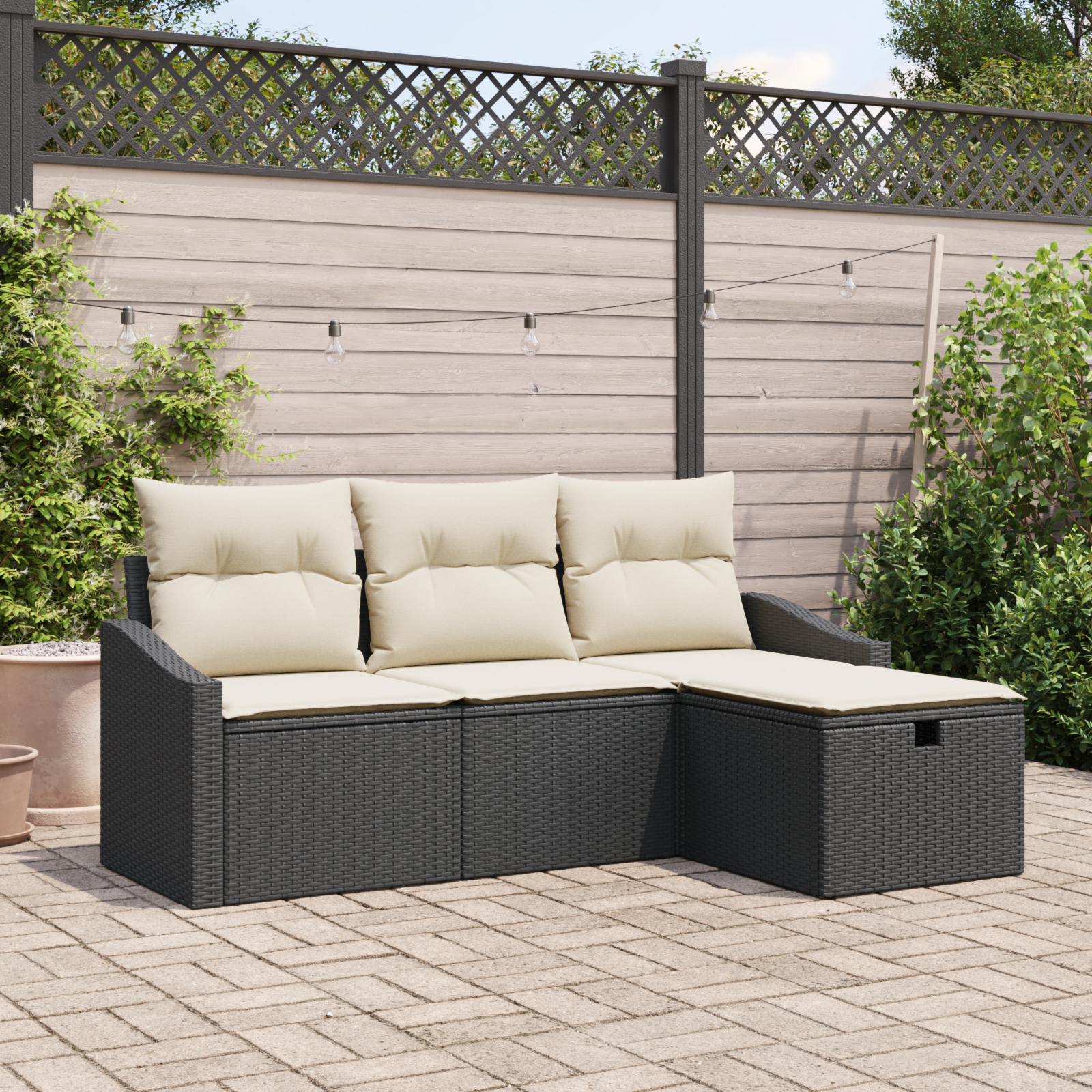 Set Divano da Giardino da 4 Pezzi con Cuscini in Rattan Sintetico Nero