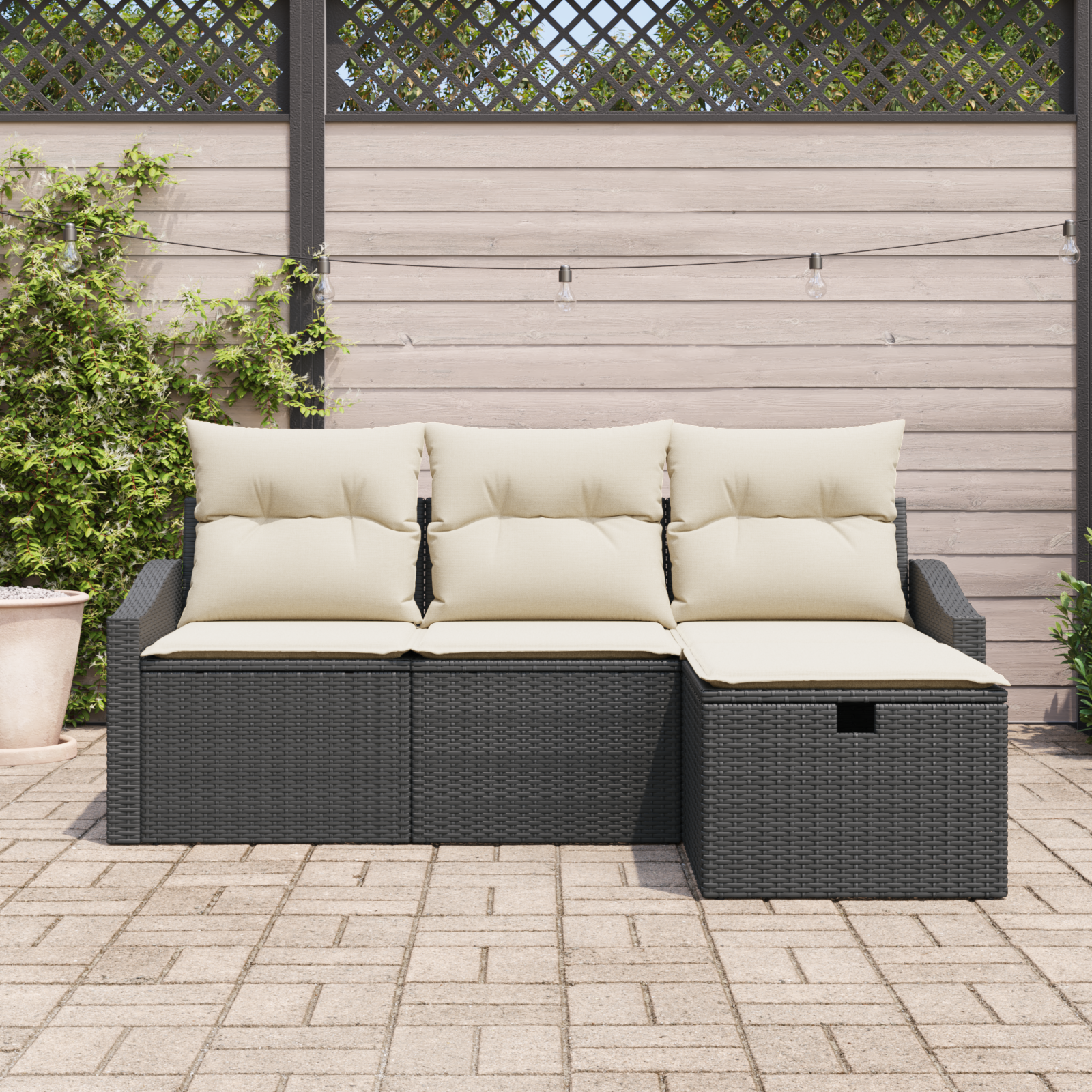 Set Divano da Giardino da 4 Pezzi con Cuscini in Rattan Sintetico Nero