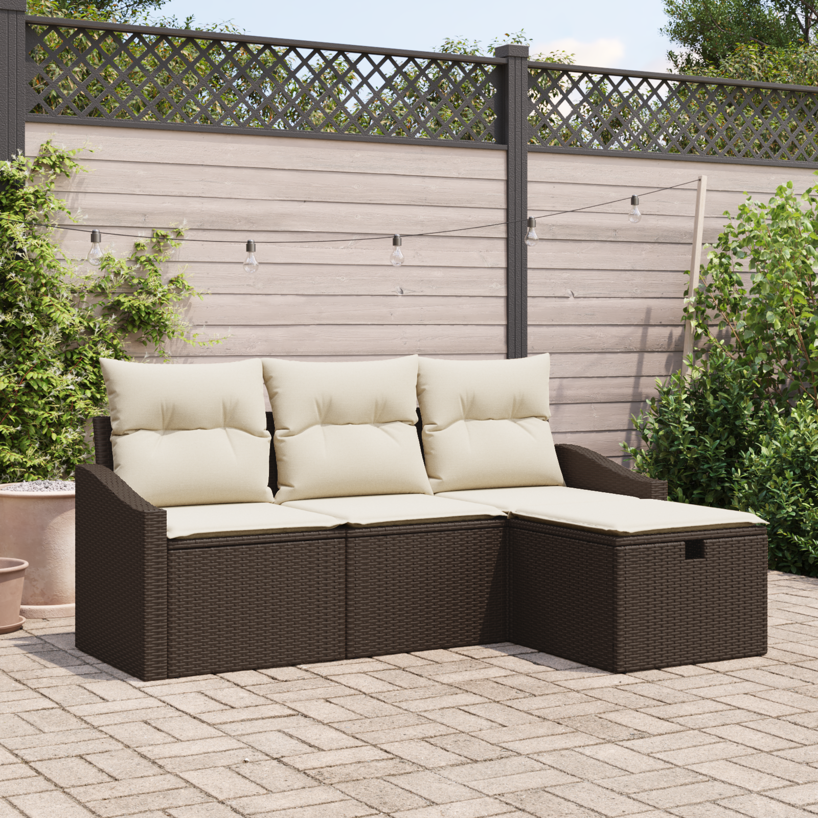 Set Divano da Giardino 4 Pezzi con Cuscini Marrone Polyrattan