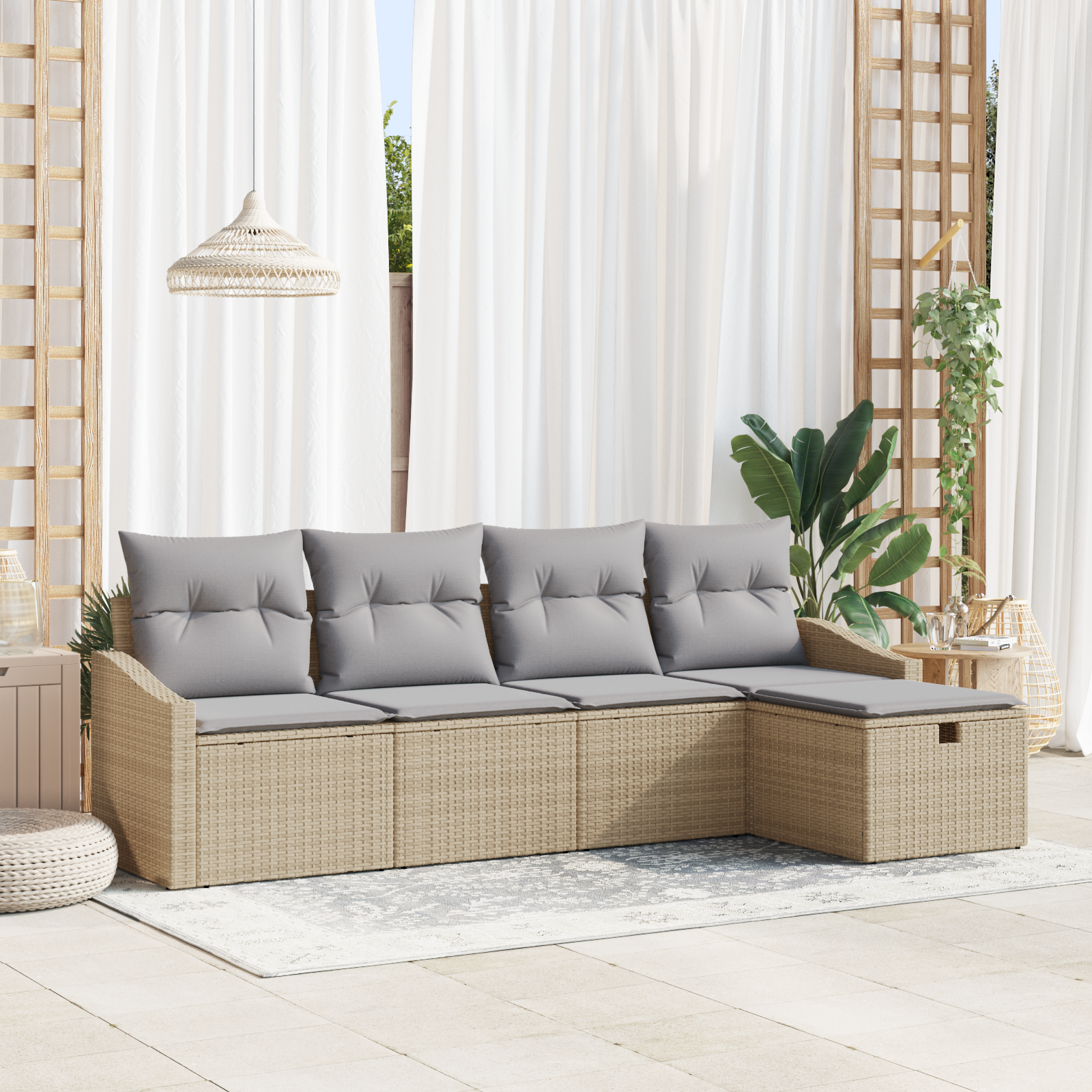 Set Divano da Giardino 5 Pezzi con Cuscini Beige Polyrattan
