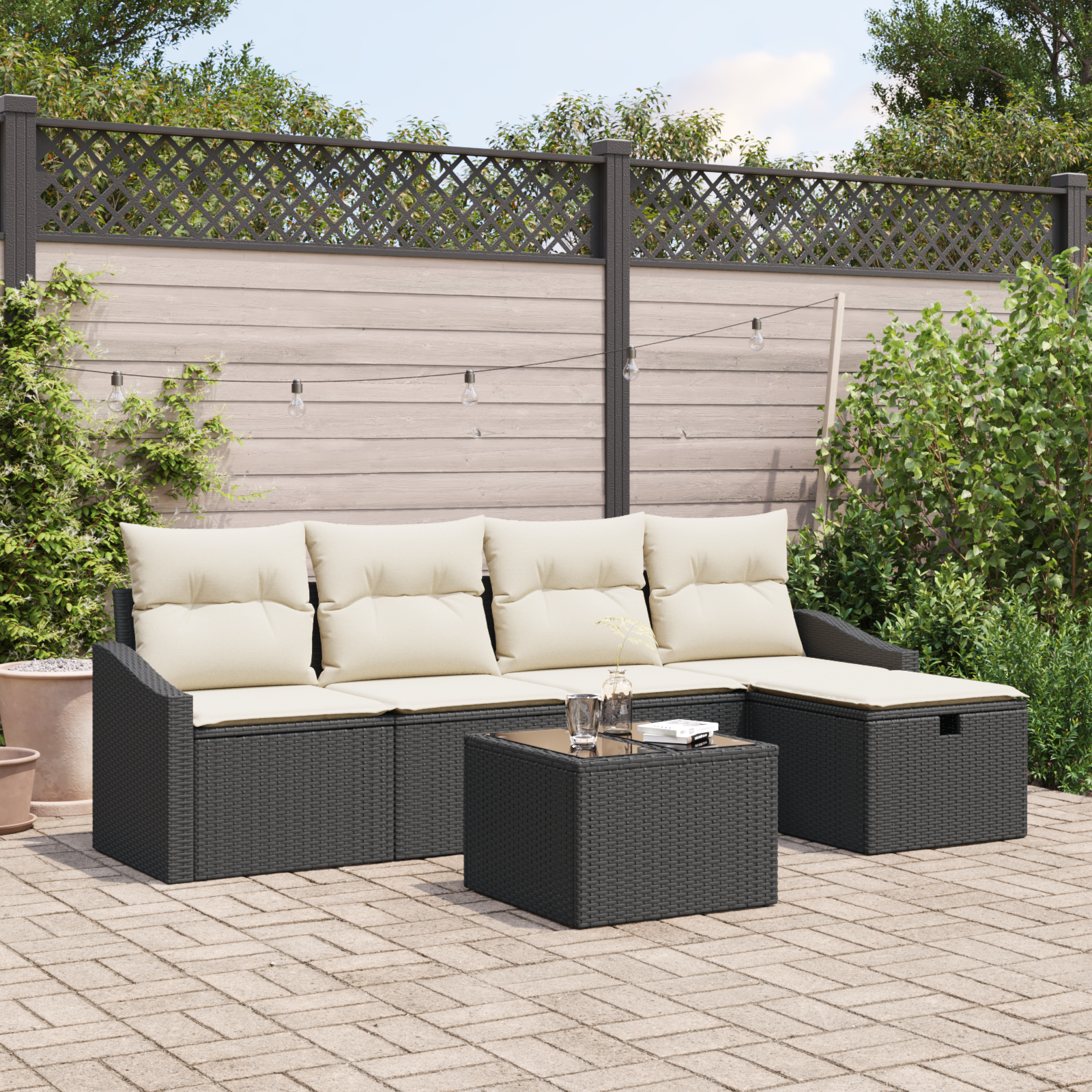 Set Divano da Giardino 6 Pezzi con Cuscini Nero Polyrattan